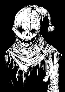 Creepy Scarecrow Jester Black and White Art