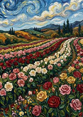 Rose Field Painting in Van Gogh Style