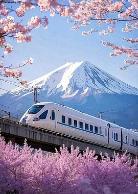 Japanese Train with Mount Fuji and Cherry Blossoms