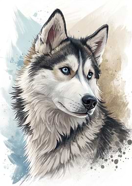 Husky Portrait Watercolor Style
