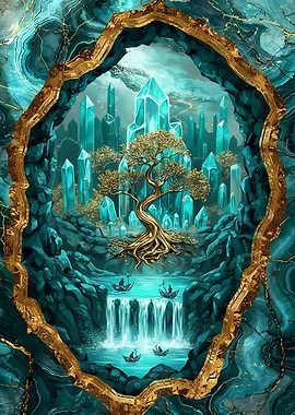 Crystal Cave Landscape with Golden Tree