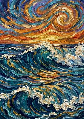 Ocean Waves at Sunset Painting