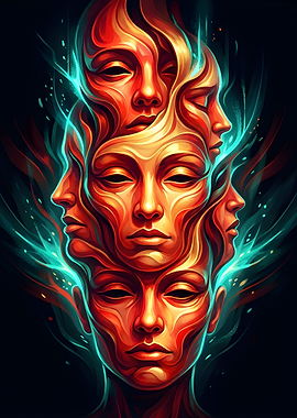 Abstract Faces with Turquoise Light