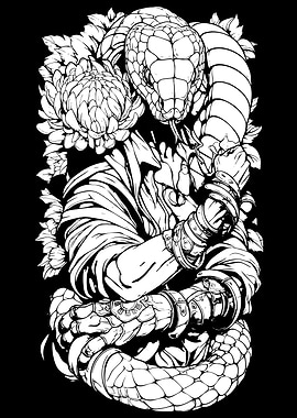 Snake and Flowers Black and White Art