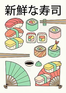 Fresh Sushi Illustration with Japanese Elements