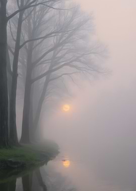 Misty Lake with Trees and Sun