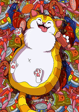 Happy Cat Surrounded by Food