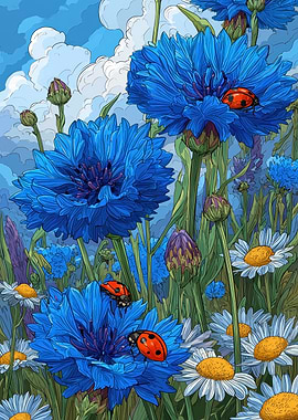 Blue Cornflowers and Ladybugs Illustration