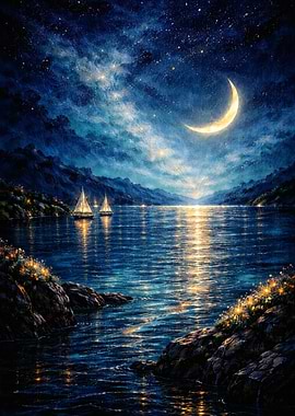 Moonlit Sailboats on a Calm Lake