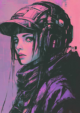 Cyberpunk Girl with Headphones and Cap