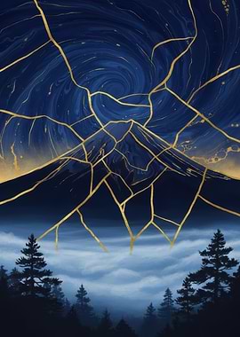 Kintsugi Mountain Landscape with Forest