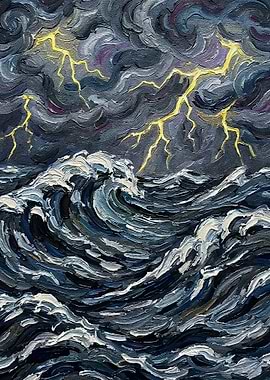 Stormy Sea Painting with Lightning