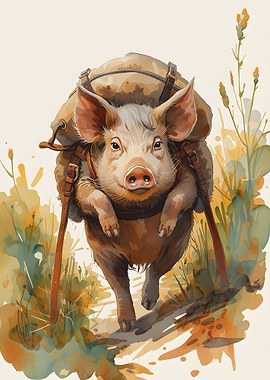 Pig with Backpack Watercolor Illustration