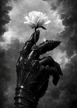Armored Hand Holding White Rose