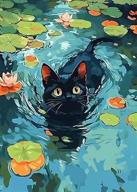 Black Cat Swimming in Lily Pond