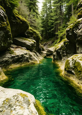 Emerald River Through Mossy Rocks