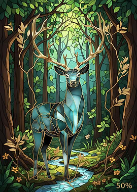 Stained Glass Deer in Forest