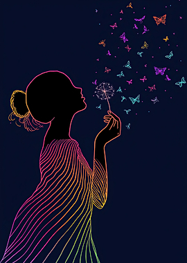 Girl blowing dandelion, butterflies, dark background