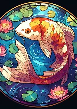 Koi Fish Pond Stained Glass Style