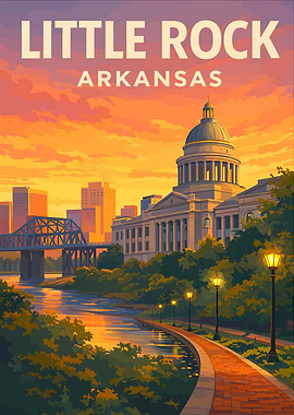 Little Rock Arkansas Travel Poster – Vintage City Wall Art Sunset Illustration