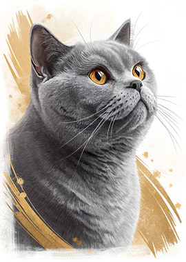 Gray Cat Portrait with Golden Accents