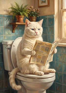 White Cat Reading Newspaper on Toilet