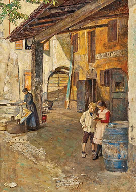 Vintage Italian Village Scene Painting