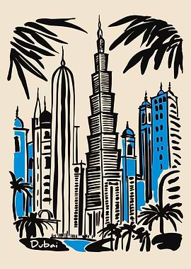 Dubai Skyline Illustration with Palm Trees