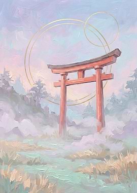 Japanese Landscape Pastel — Torii Gate in Morning Mist