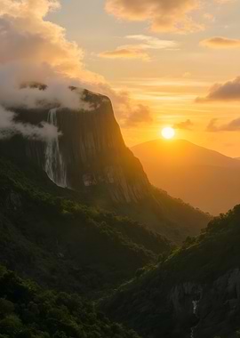 Majestic Mountain Waterfall at Sunset