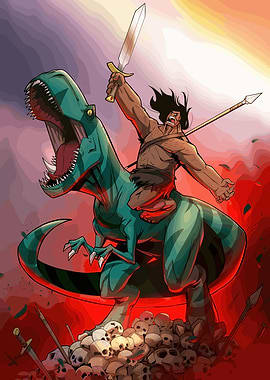 Warrior riding a dinosaur illustration