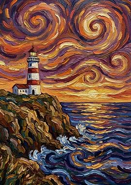 Lighthouse at Sunset Painting
