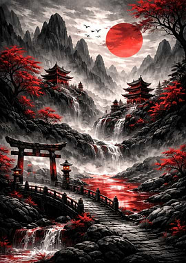 Japanese Red Moon Landscape