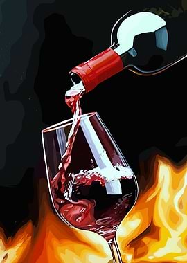 Wine Pouring into Glass with Fire