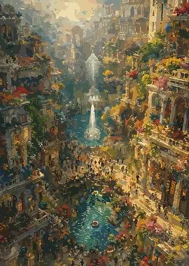 Fantasy Cityscape with Waterfalls and Flowers