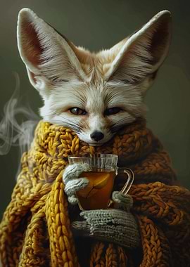 Cozy Fennec Fox with Tea