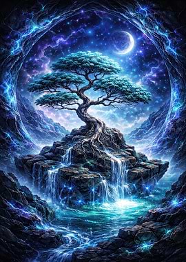 Mystical Tree Island Waterfall Nightscape