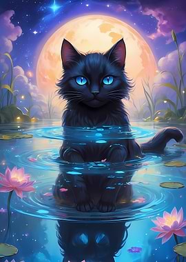 Black Cat in Water with Moon