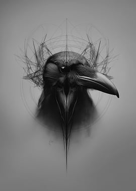 Monochrome Raven with Geometric Design