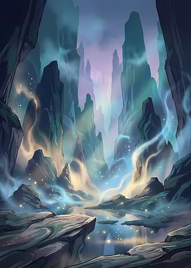 Mystical Fantasy Landscape with Glowing Mist
