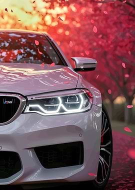 White BMW M5 with Cherry Blossoms