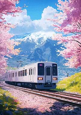 Train Through Cherry Blossoms Landscape