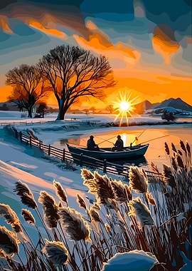 Winter Fishing at Sunset Illustration