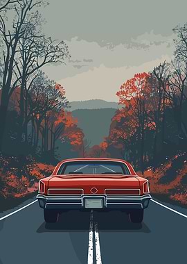 Red Car on Autumn Road