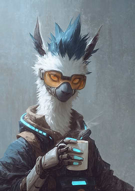 Cyberpunk Bird Character with Coffee