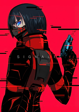 SIGNALIS character with gun, red background