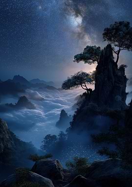 Night Landscape with Mountains and Stars