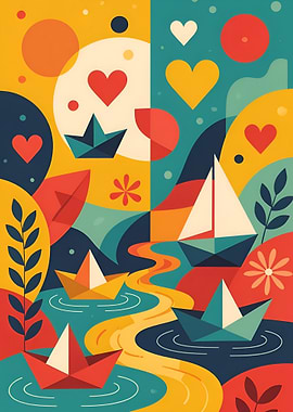 Colorful Paper Boats and Hearts Illustration