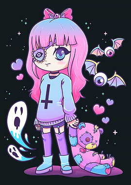 Pastel Goth Girl with Teddy Bear
