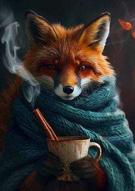 Fox with Scarf and Hot Drink